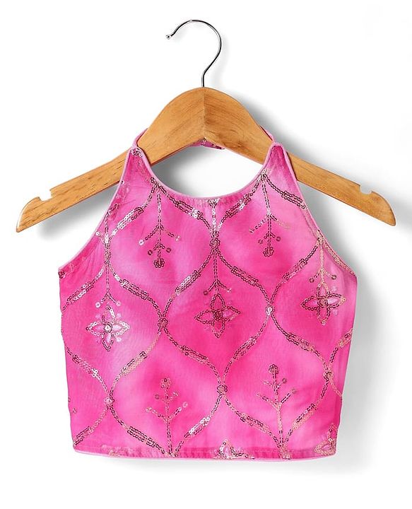 Pine Kids Woven Sleeveless Tie Dye  Choli  Lehenga  Set & Dupatta with Sequin Floral Design - Dark Pink