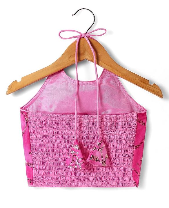 Pine Kids Woven Sleeveless Tie Dye  Choli  Lehenga  Set & Dupatta with Sequin Floral Design - Dark Pink