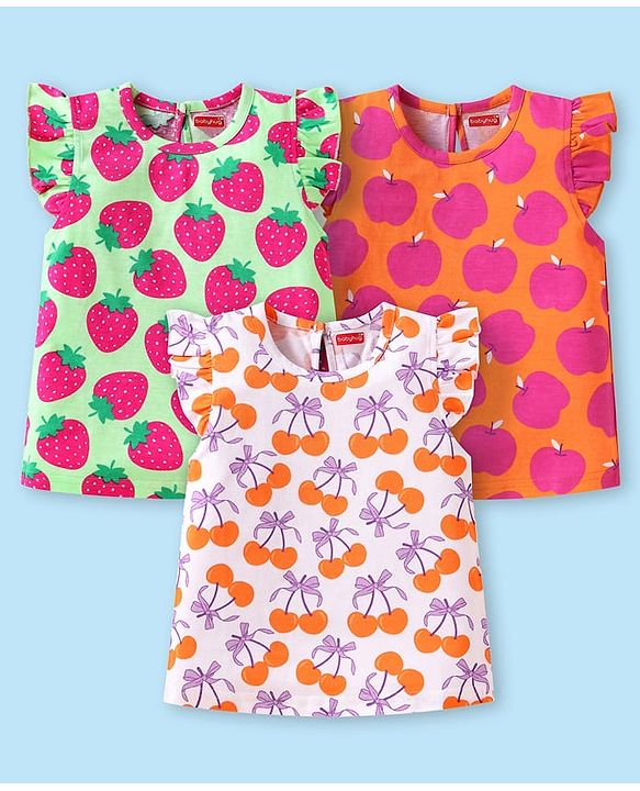 Babyhug Cotton Knit Frill Sleeves Fruits Printed Tops Pack of 3 - Orange Light Green & White