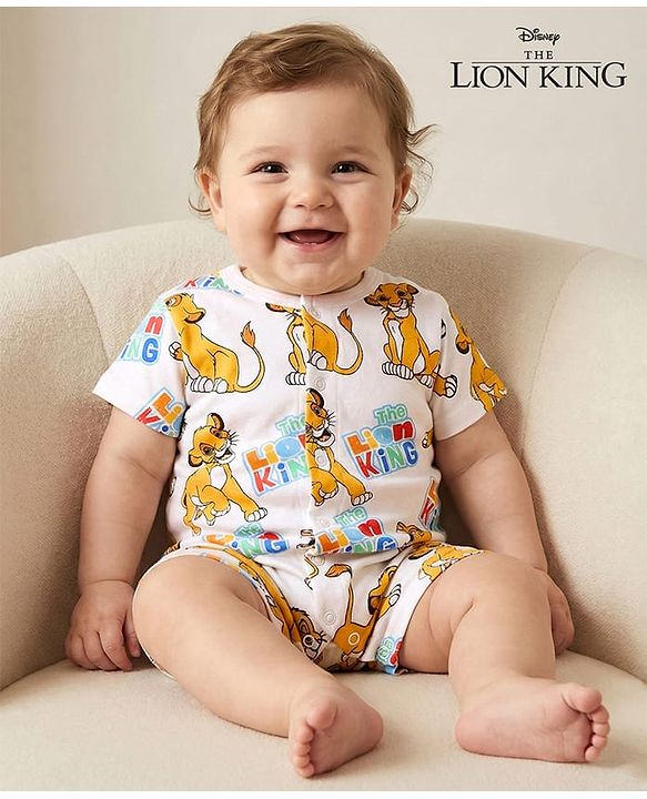 Babyhug Disney Cotton Knit Half Sleeves Front Open Romper with Lion King Graphics - White