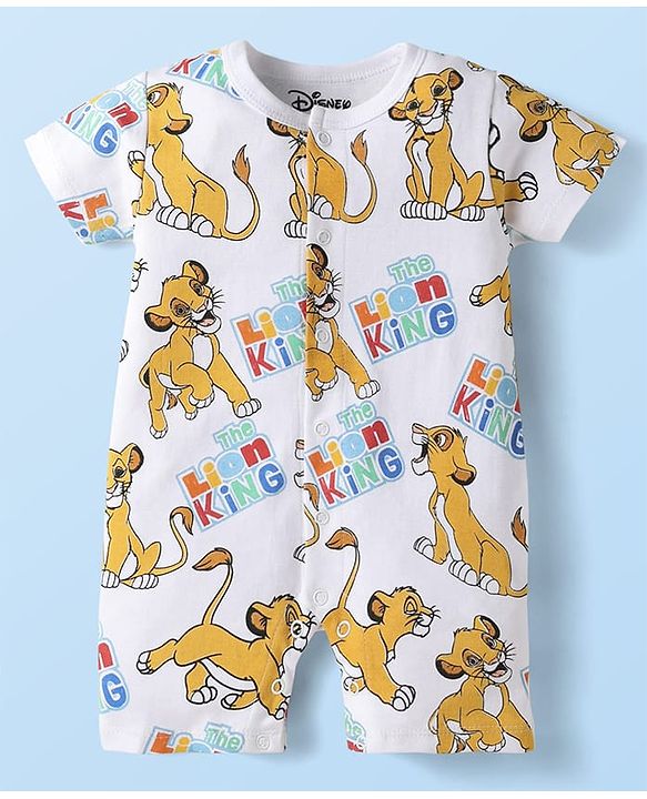Babyhug Disney Cotton Knit Half Sleeves Front Open Romper with Lion King Graphics - White