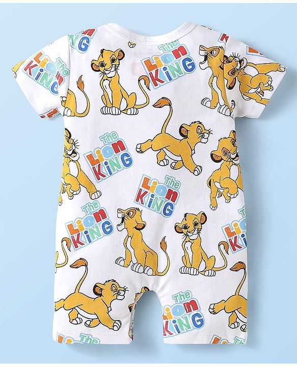 Babyhug Disney Cotton Knit Half Sleeves Front Open Romper with Lion King Graphics - White