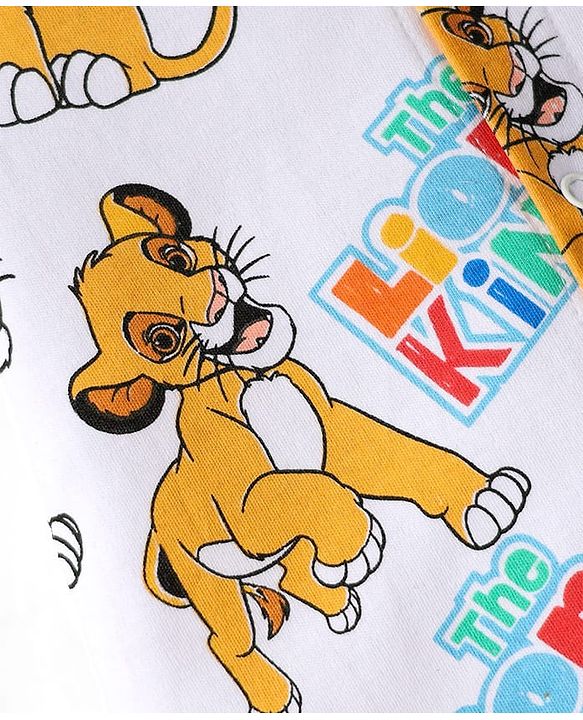 Babyhug Disney Cotton Knit Half Sleeves Front Open Romper with Lion King Graphics - White
