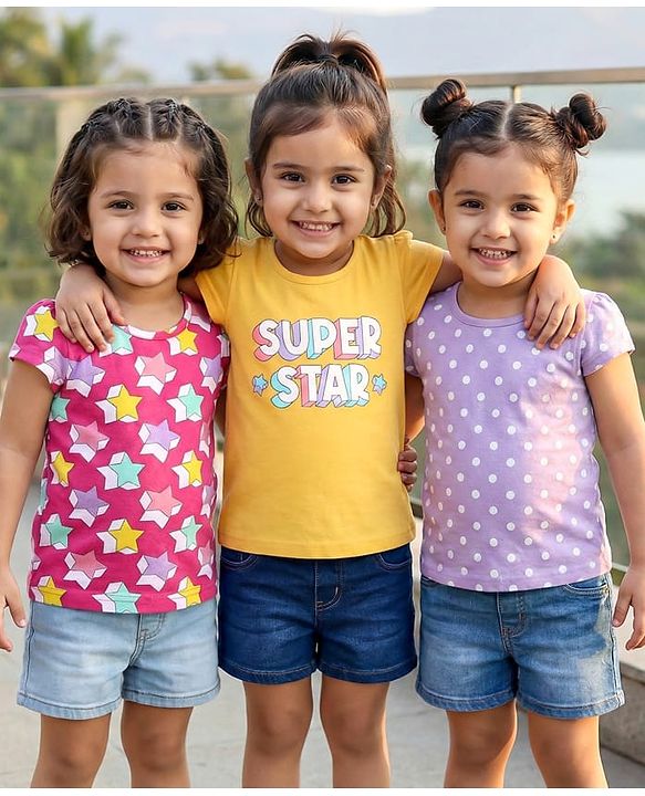 Babyhug Cotton Knit Half Sleeves T-Shirts with Polka Dots & Floral Print Pack of 3 - Lilac & Pink