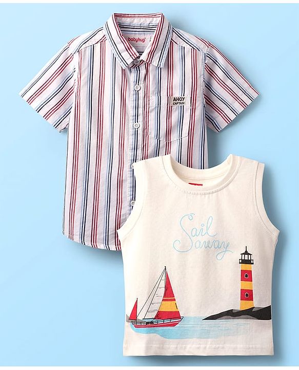 Babyhug 100% Cotton Half Sleeves Striped Shirt With Sleeveless Nautical Theme Printed T-Shirt - Red Blue & White