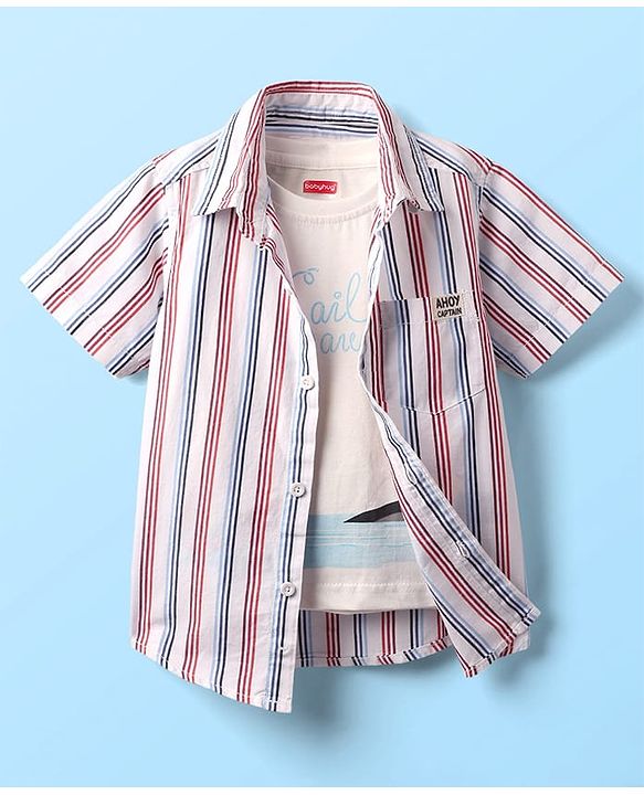 Babyhug 100% Cotton Half Sleeves Striped Shirt With Sleeveless Nautical Theme Printed T-Shirt - Red Blue & White