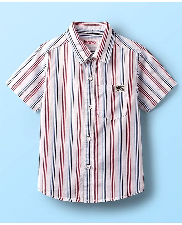 Babyhug 100% Cotton Half Sleeves Striped Shirt With Sleeveless Nautical Theme Printed T-Shirt - Red Blue & White