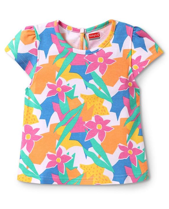 Babyhug Cotton Knit Half Sleeves  T-Shirt with Floral Print - White
