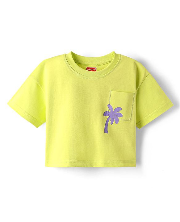 Babyhug Cotton Knit Half Sleeves Drop Shoulder T-Shirt with Coconut Tree Print -Limegreen