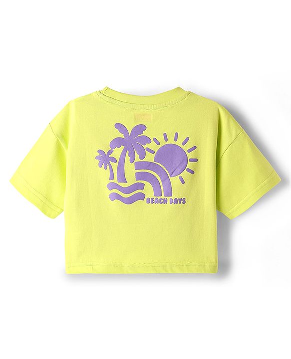 Babyhug Cotton Knit Half Sleeves Drop Shoulder T-Shirt with Coconut Tree Print -Limegreen