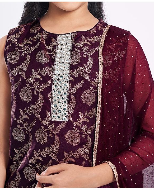 Pine Kids Woven Sleeveless Kurti Salwar Set With Foil Print & Dupatta - Wine