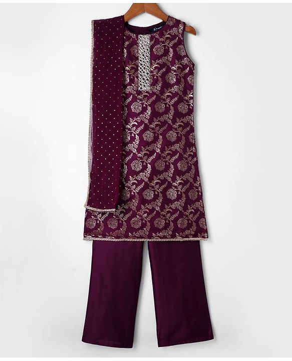 Pine Kids Woven Sleeveless Kurti Salwar Set With Foil Print & Dupatta - Wine