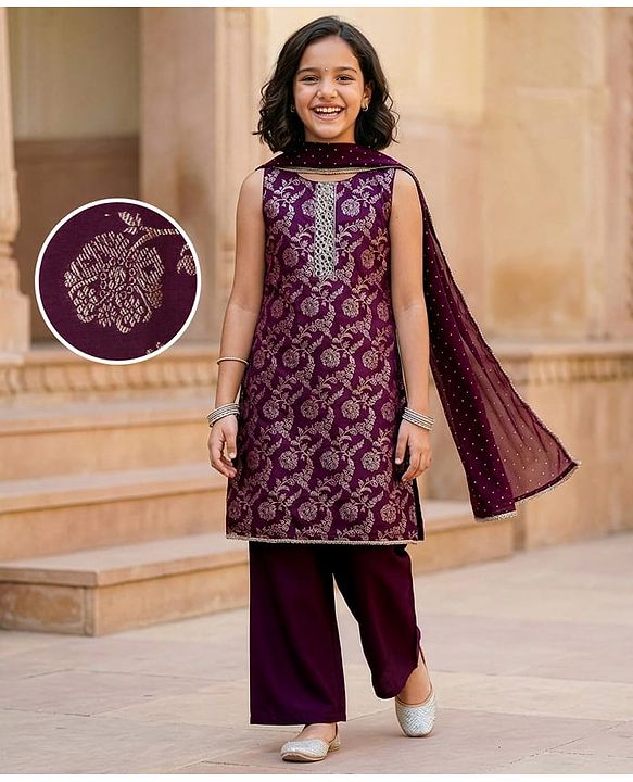 Pine Kids Woven Sleeveless Kurti Salwar Set With Foil Print & Dupatta - Wine