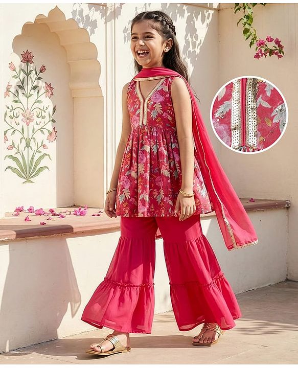 Pine Kids Woven Sleeveless Kurta Gharara Set With Floral Print & Dupatta - Dark Pink