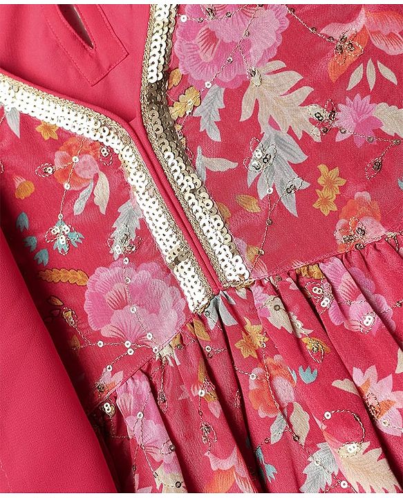 Pine Kids Woven Sleeveless Kurta Gharara Set With Floral Print & Dupatta - Dark Pink