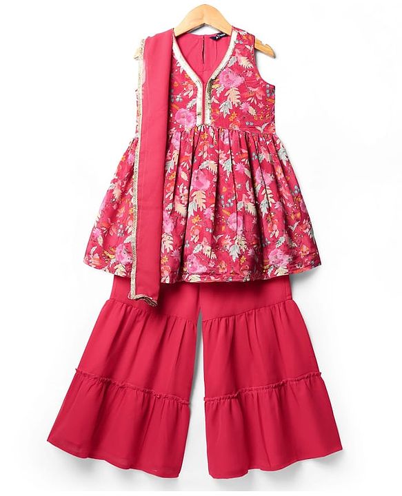 Pine Kids Woven Sleeveless Kurta Gharara Set With Floral Print & Dupatta - Dark Pink