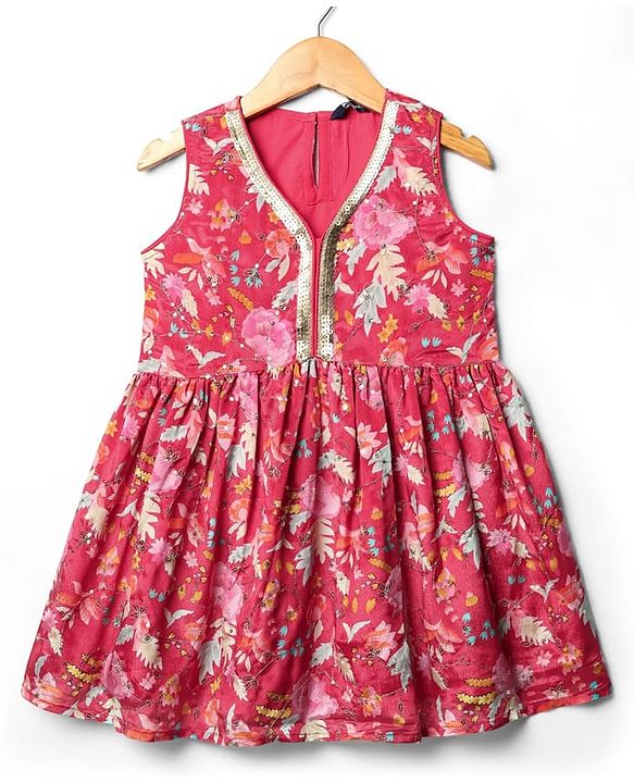Pine Kids Woven Sleeveless Kurta Gharara Set With Floral Print & Dupatta - Dark Pink