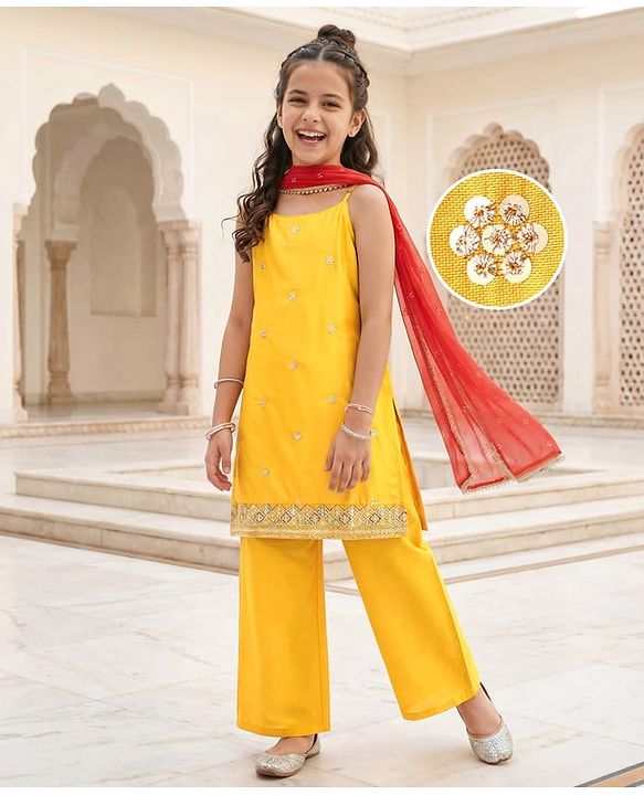 Pine Kids Woven Singlet Sleeves Floral Sequin Embroidered Kurta & Salwar Set with Dupatta - Mustard