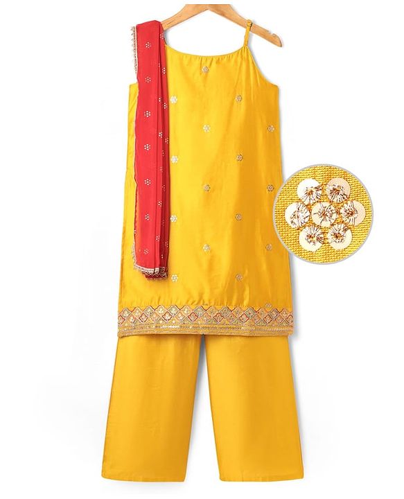 Pine Kids Woven Singlet Sleeves Floral Sequin Embroidered Kurta & Salwar Set with Dupatta - Mustard