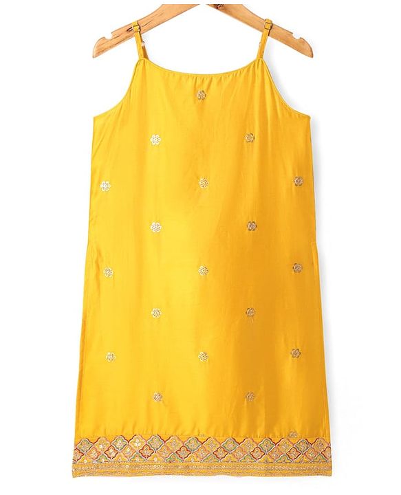 Pine Kids Woven Singlet Sleeves Floral Sequin Embroidered Kurta & Salwar Set with Dupatta - Mustard