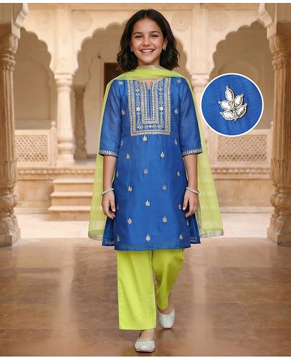 Pine Kids Woven Three Fourth Sleeves Kurti Chudidar Set With Floral Embroidery & Dupatta - Blue