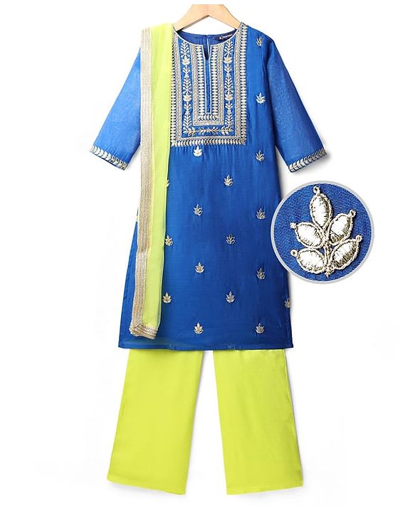 Pine Kids Woven Three Fourth Sleeves Kurti Chudidar Set With Floral Embroidery & Dupatta - Blue