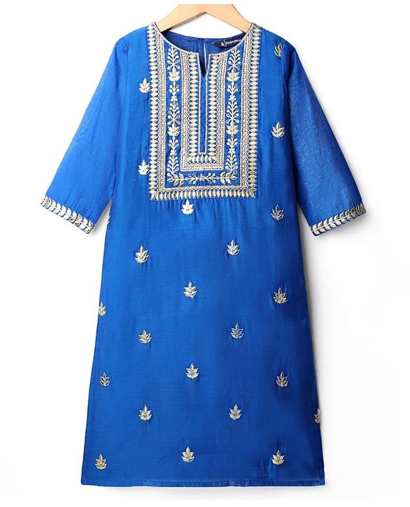 Pine Kids Woven Three Fourth Sleeves Kurti Chudidar Set With Floral Embroidery & Dupatta - Blue