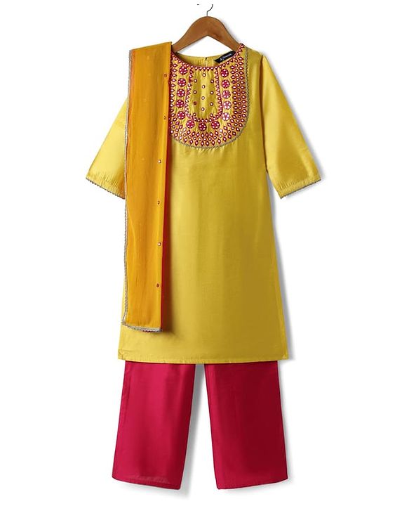 Pine Kids Woven Three Fourth Sleeves Kurta Salwar Set With Embroidery Detailing & Dupatta - Mustard