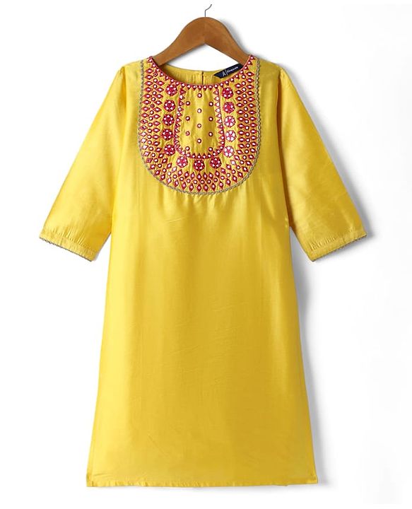 Pine Kids Woven Three Fourth Sleeves Kurta Salwar Set With Embroidery Detailing & Dupatta - Mustard