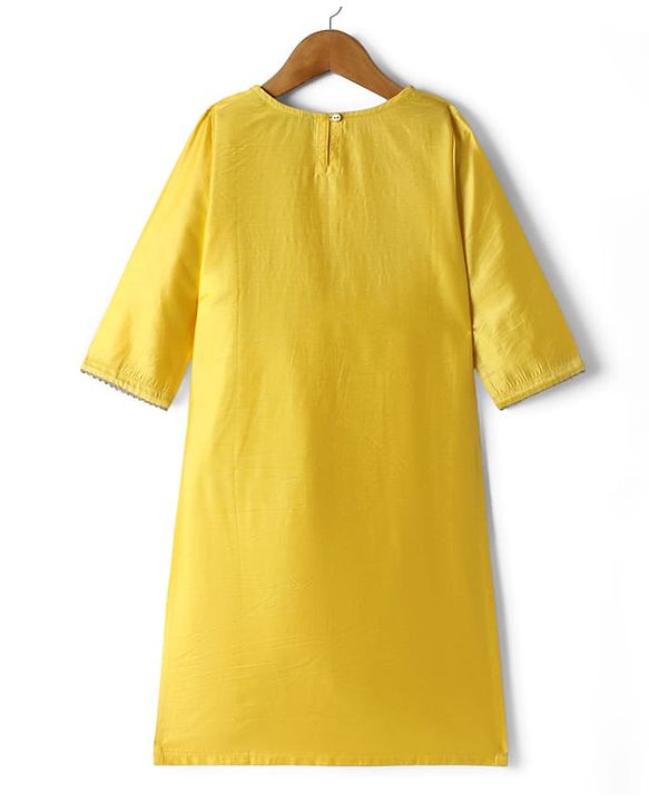 Pine Kids Woven Three Fourth Sleeves Kurta Salwar Set With Embroidery Detailing & Dupatta - Mustard