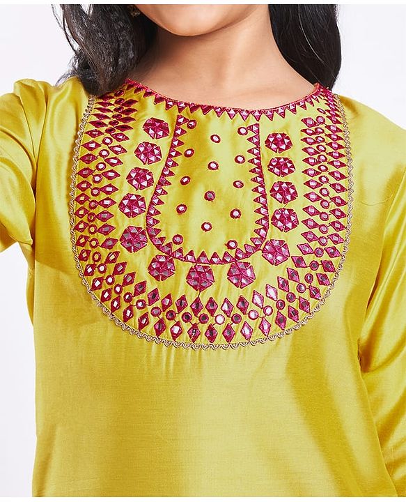 Pine Kids Woven Three Fourth Sleeves Kurta Salwar Set With Embroidery Detailing & Dupatta - Mustard