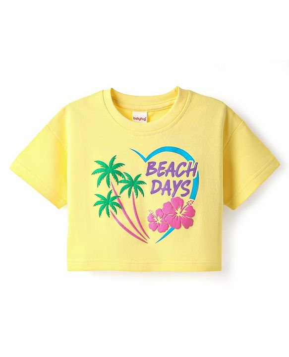 Babyhug Cotton Knit Half Sleeves Drop Shoulder T-Shirt with Beach Theme Text Print - Yellow