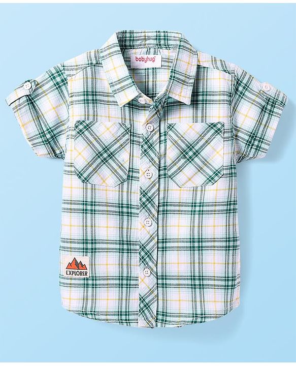 Babyhug Cotton Woven Half Sleeves Checkered Shirt with Patch - White