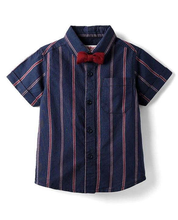 Babyhug Cotton Woven Half Sleeves Striped Shirt With Bow - Navy Blue