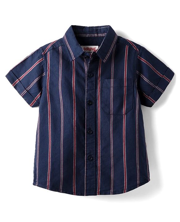 Babyhug Cotton Woven Half Sleeves Striped Shirt With Bow - Navy Blue