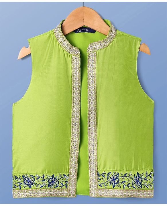 Pine Kids Woven Full Sleeves Solid Color Kurta Pyjama Set with Floral Embroidered Jacket - White & Green