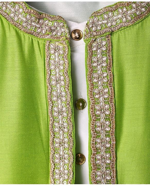 Pine Kids Woven Full Sleeves Solid Color Kurta Pyjama Set with Floral Embroidered Jacket - White & Green