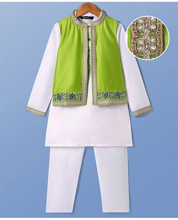 Pine Kids Woven Full Sleeves Solid Color Kurta Pyjama Set with Floral Embroidered Jacket - White & Green