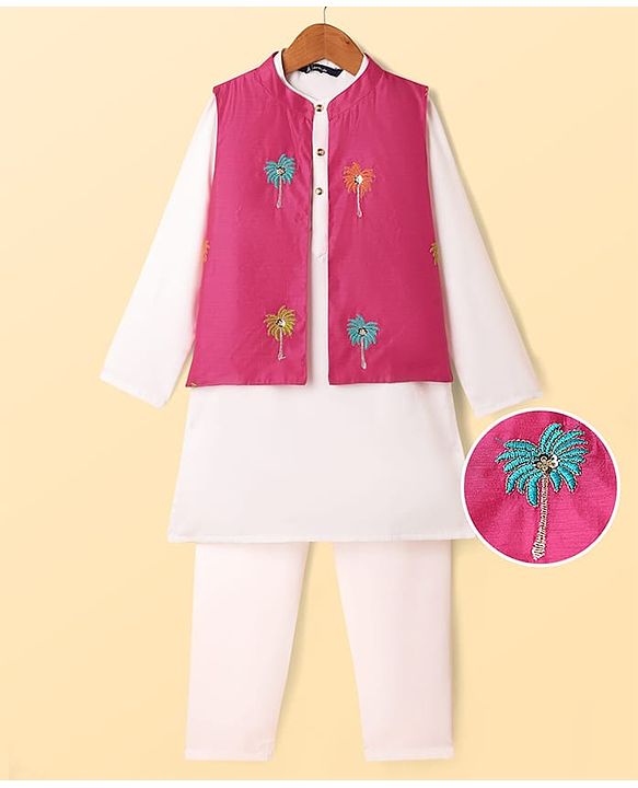 Pine Kids Woven Full Sleeves Kurta Pajama Set With Floral Embroidered Jacket - White