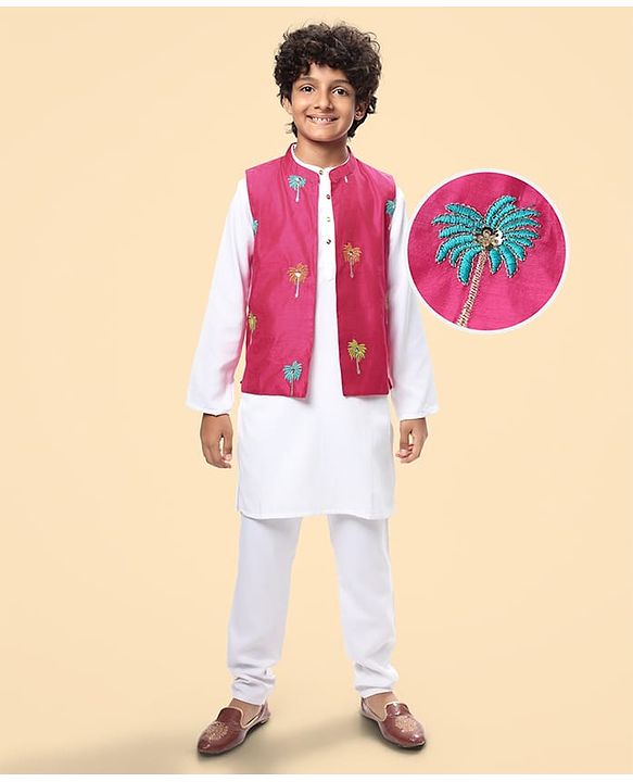 Pine Kids Woven Full Sleeves Kurta Pajama Set With Floral Embroidered Jacket - White
