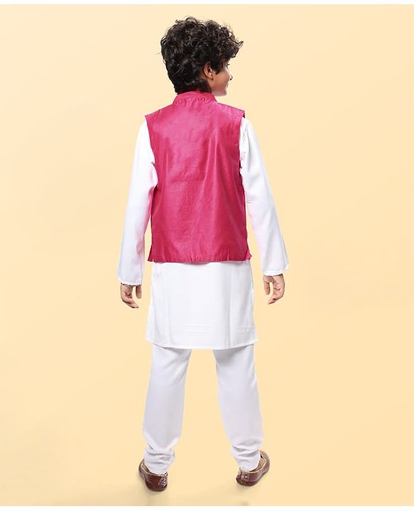 Pine Kids Woven Full Sleeves Kurta Pajama Set With Floral Embroidered Jacket - White