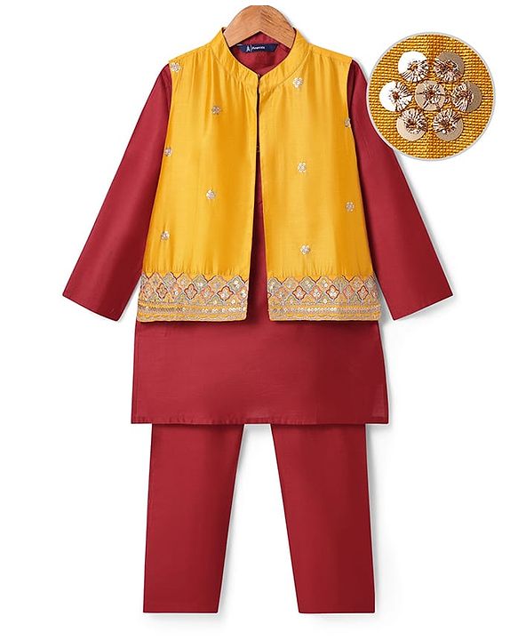 Pine Kids Woven Full Sleeves Solid Color Kurta Pyjama Set with Floral Embroidered & Mirror Work Detailing Jacket - Maroon & Yellow