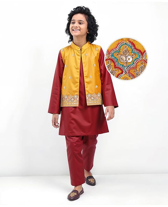Pine Kids Woven Full Sleeves Solid Color Kurta Pyjama Set with Floral Embroidered & Mirror Work Detailing Jacket - Maroon & Yellow