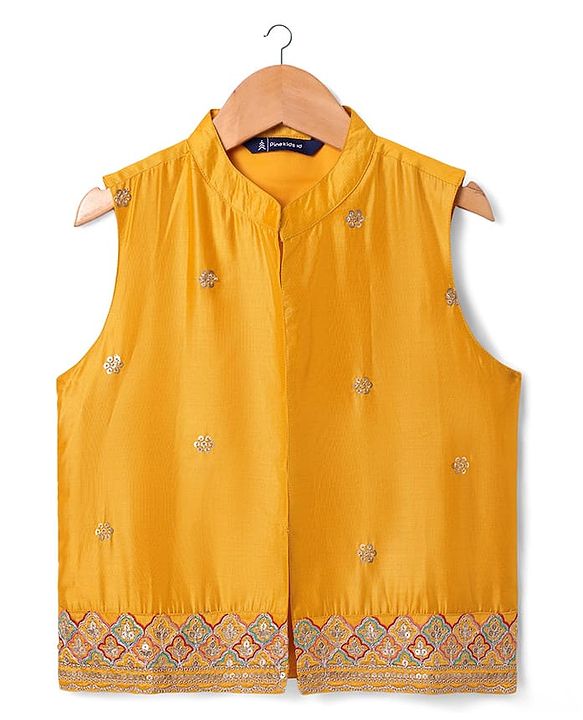 Pine Kids Woven Full Sleeves Solid Color Kurta Pyjama Set with Floral Embroidered & Mirror Work Detailing Jacket - Maroon & Yellow