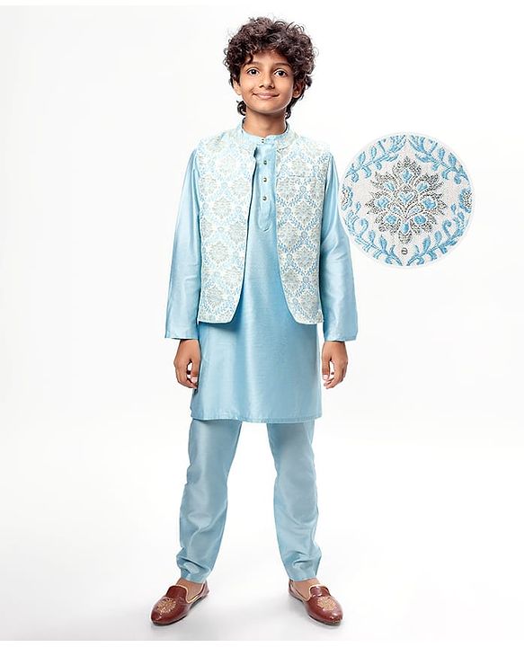 Pine Kids Woven Full Sleeves Kurta Pyjama Set With Floral Embroidered Jacket - Light Blue