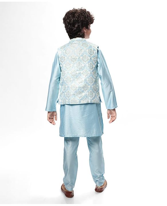 Pine Kids Woven Full Sleeves Kurta Pyjama Set With Floral Embroidered Jacket - Light Blue