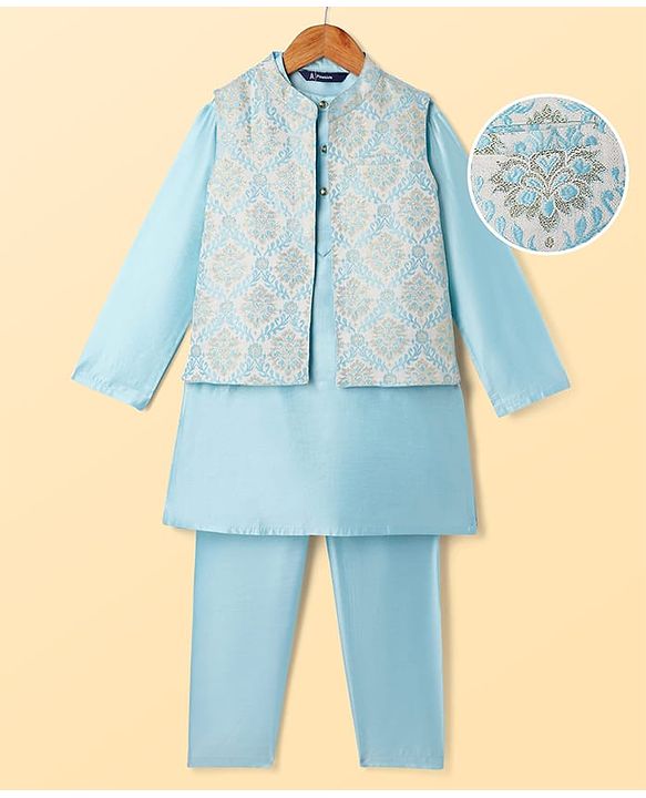 Pine Kids Woven Full Sleeves Kurta Pyjama Set With Floral Embroidered Jacket - Light Blue