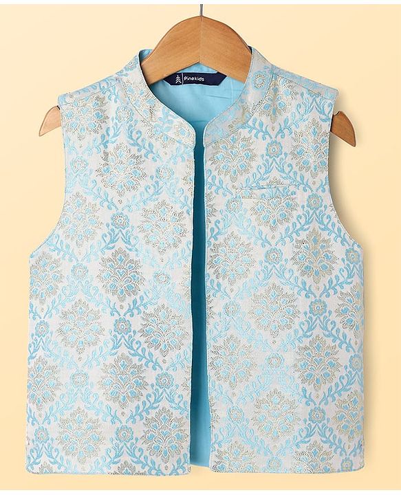 Pine Kids Woven Full Sleeves Kurta Pyjama Set With Floral Embroidered Jacket - Light Blue