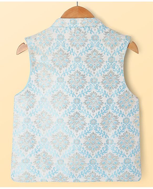Pine Kids Woven Full Sleeves Kurta Pyjama Set With Floral Embroidered Jacket - Light Blue
