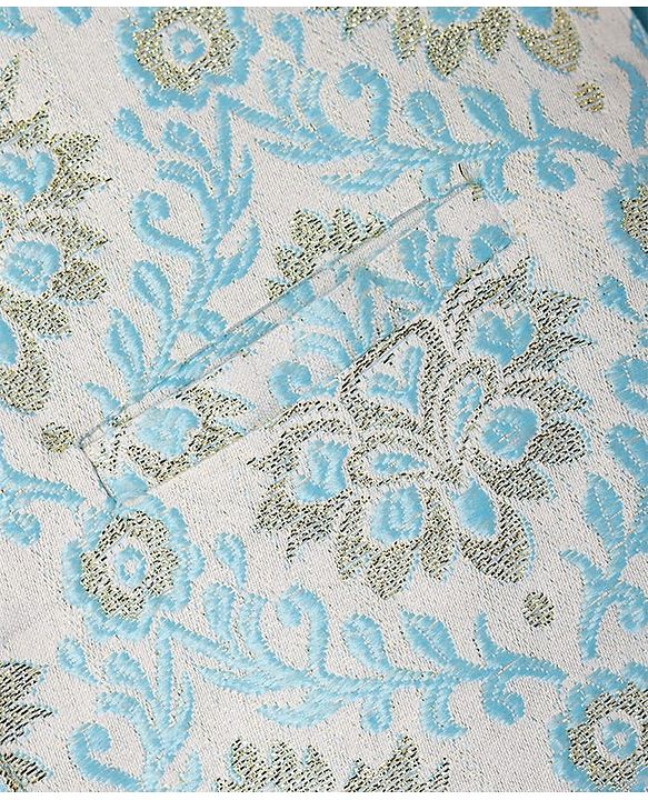 Pine Kids Woven Full Sleeves Kurta Pyjama Set With Floral Embroidered Jacket - Light Blue